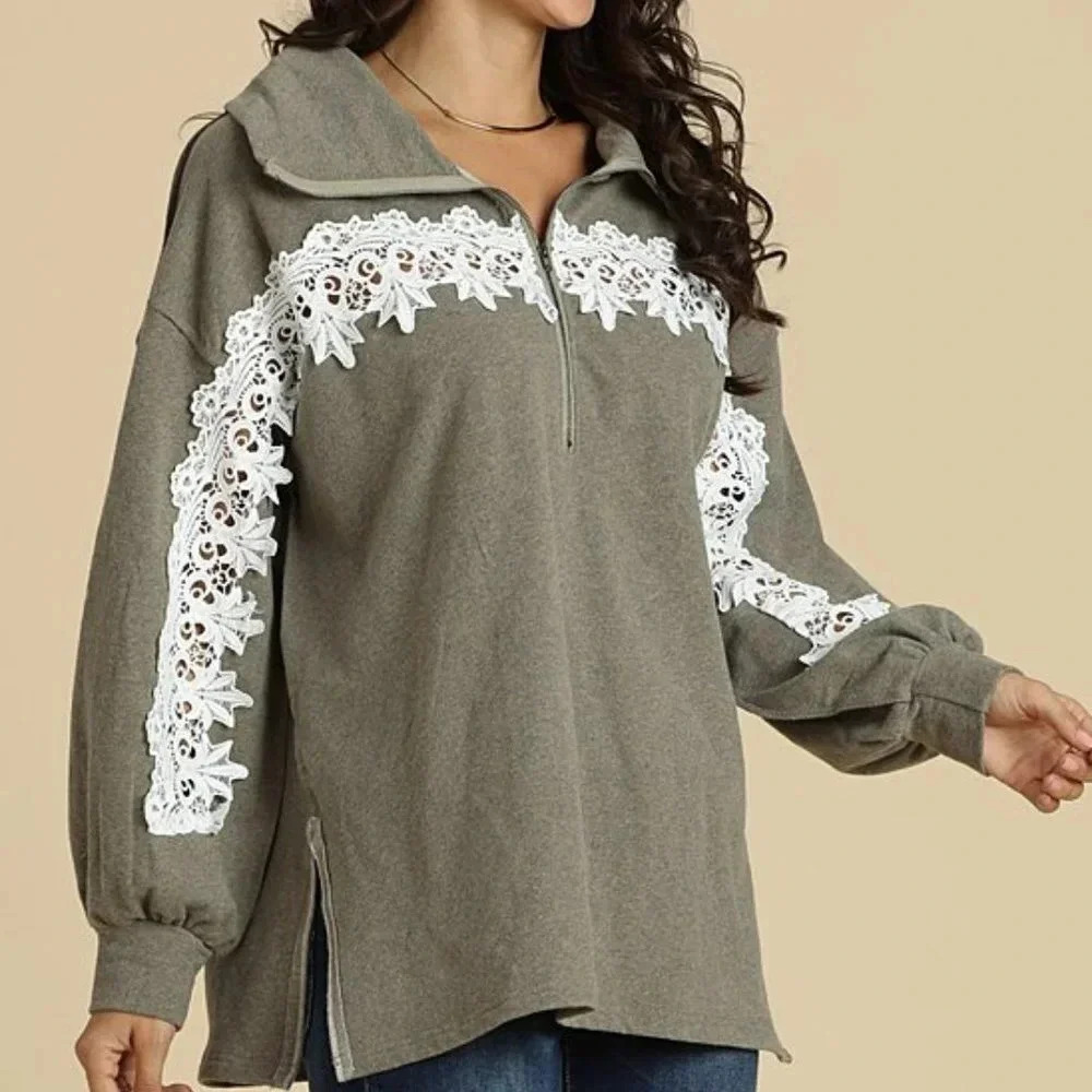 Suzanne Betro Weekend Taupe Lace-Trim ZipUp Pullov
